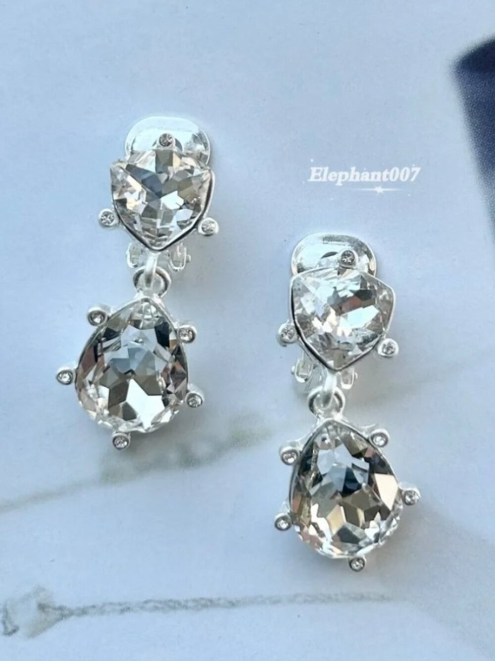 Oscar de la Renta Crystal Double Drop Clip-On Earrings Silver Tone